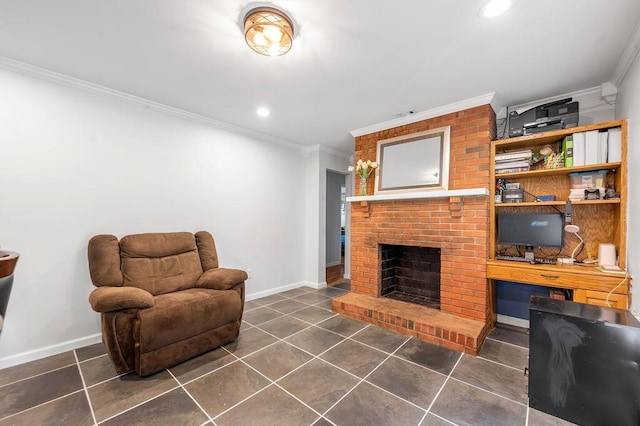 204 Tecumseh Trl, Frankfort, KY 40601 - living area featuring crown molding, dark tile patterned floors, a brick fireplace, and recessed lighting