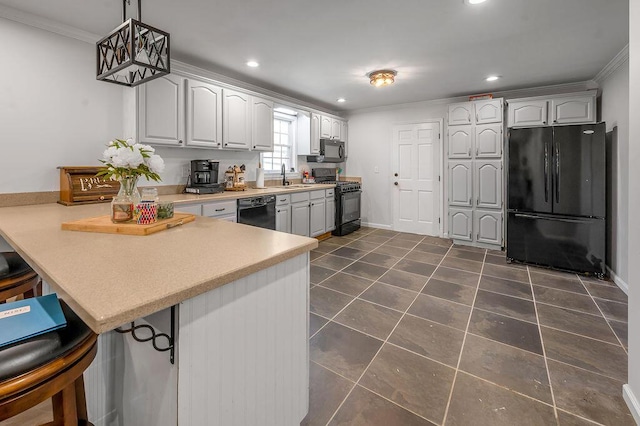 204 Tecumseh Trl, Frankfort, KY 40601 - kitchen featuring black appliances, a peninsula, ornamental molding, light countertops, and dark tile patterned flooring
