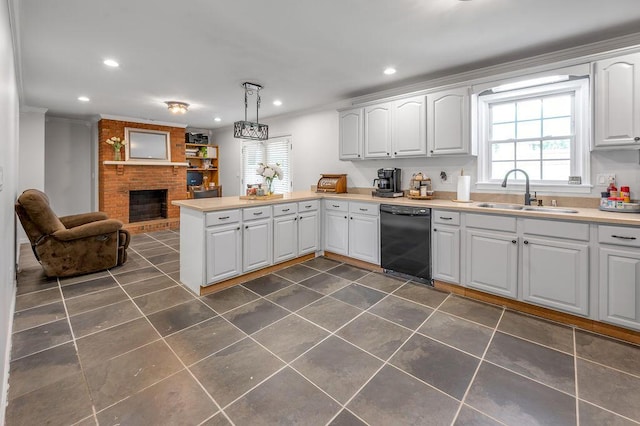 204 Tecumseh Trl, Frankfort, KY 40601 - kitchen with dishwasher, plenty of natural light, a peninsula, a brick fireplace, and recessed lighting