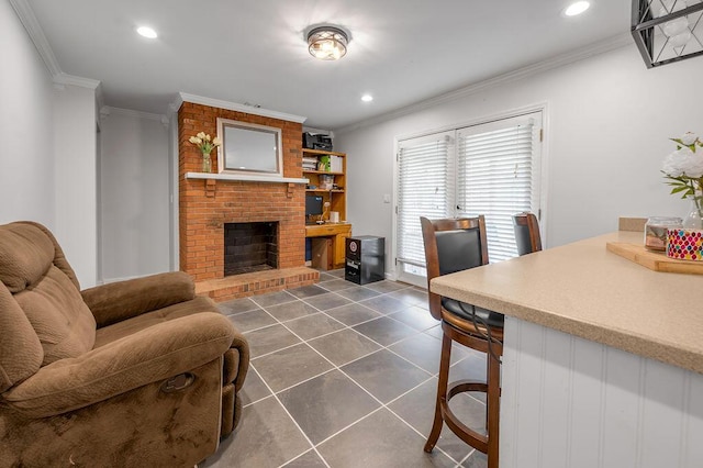 204 Tecumseh Trl, Frankfort, KY 40601 - living room featuring crown molding, a brick fireplace, dark tile patterned flooring, and recessed lighting