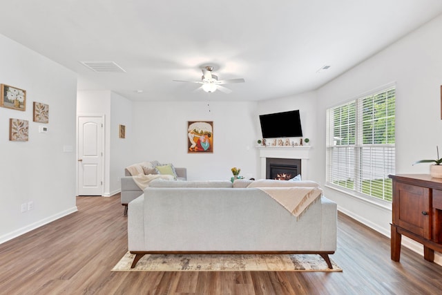 137 Kirkstall Way, Georgetown, KY 40324 - living room featuring wood finished floors, a lit fireplace, and a ceiling fan