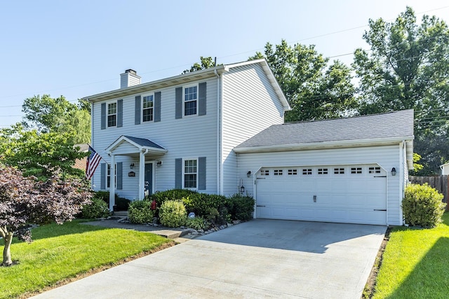 3092 Arrowhead Dr, Lexington, KY 40503 - colonial house with concrete driveway, an attached garage, a front lawn, and a chimney