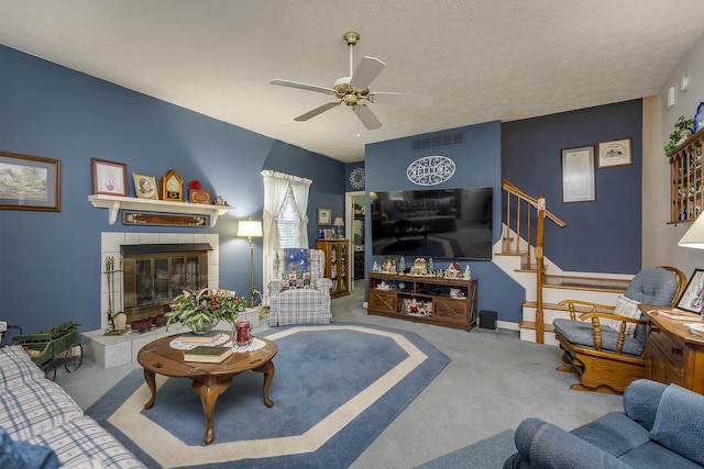 3092 Arrowhead Dr, Lexington, KY 40503 - carpeted living area with ceiling fan, stairway, and a fireplace