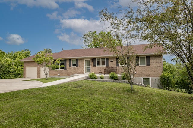 2301 Harrodsburg Rd, Lawrenceburg, KY 40342 - single story home featuring brick siding, concrete driveway, an attached garage, a front lawn, and a chimney