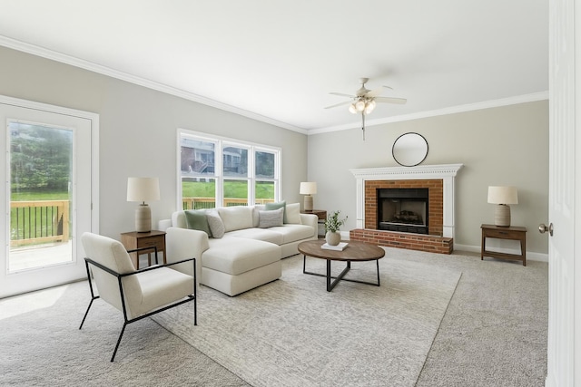 4433 River Ridge Rd, Lexington, KY 40515 - living area featuring carpet flooring, crown molding, a ceiling fan, and a brick fireplace