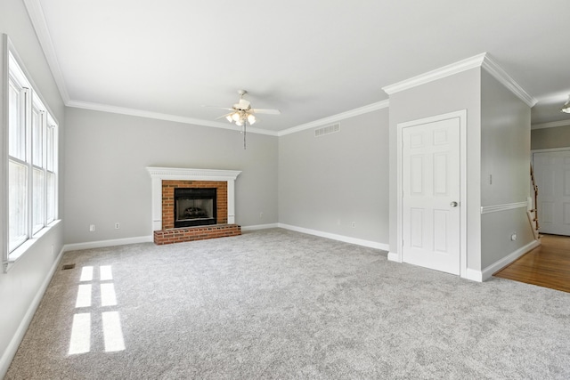 4433 River Ridge Rd, Lexington, KY 40515 - unfurnished living room featuring a ceiling fan, ornamental molding, carpet, and a brick fireplace