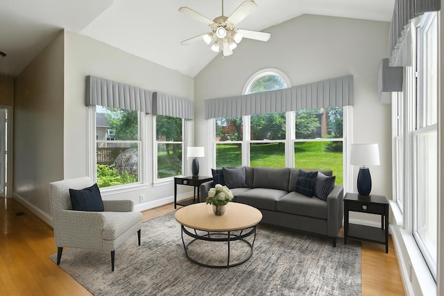 4433 River Ridge Rd, Lexington, KY 40515 - living area with wood finished floors, a ceiling fan, and high vaulted ceiling