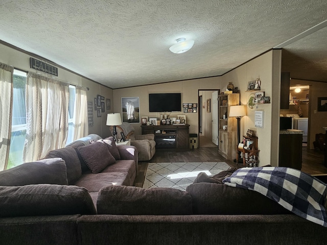 421 Dry Branch Rd, Morehead, KY 40351 - living area featuring washer and dryer, vaulted ceiling, wood finished floors, crown molding, and a textured ceiling