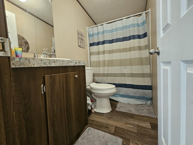 421 Dry Branch Rd, Morehead, KY 40351 - full bath with wood finished floors, vanity, a textured ceiling, and curtained shower