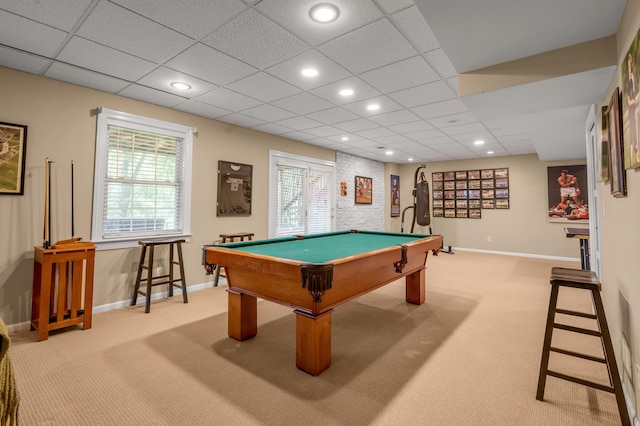2609 Idlewood Dr, Lexington, KY 40513 - rec room with light colored carpet, billiards table, recessed lighting, and a paneled ceiling