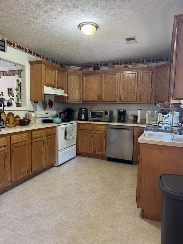 208 Secretariat Dr, Lawrenceburg, KY 40342 - kitchen featuring dishwasher, white range with electric cooktop, under cabinet range hood, brown cabinets, and a textured ceiling