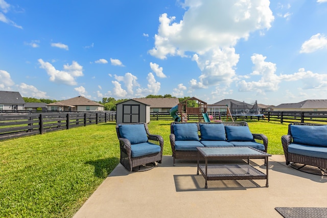 309 Memory Ln, Richmond, KY 40475 - fenced backyard featuring a trampoline, a patio, an outdoor living space, and a storage shed