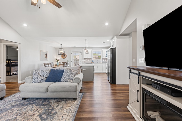 309 Memory Ln, Richmond, KY 40475 - living room featuring ceiling fan, dark wood finished floors, recessed lighting, and high vaulted ceiling