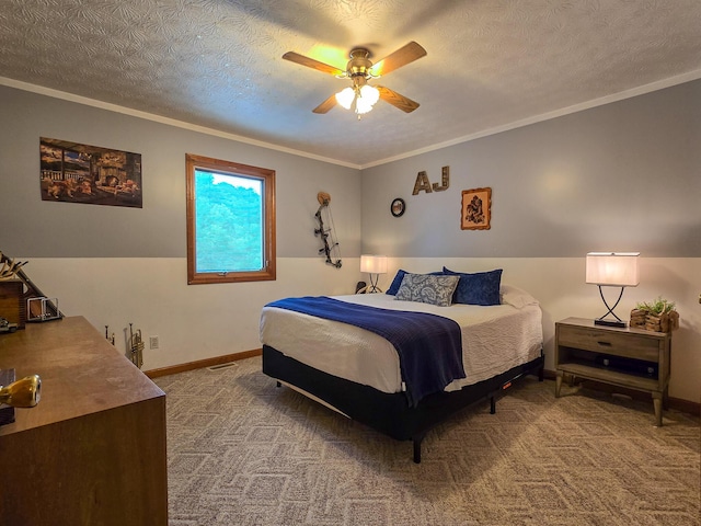 1445 Bastin Creek Rd, Kings Mountain, KY 40442 - carpeted bedroom featuring ornamental molding, a textured ceiling, and a ceiling fan