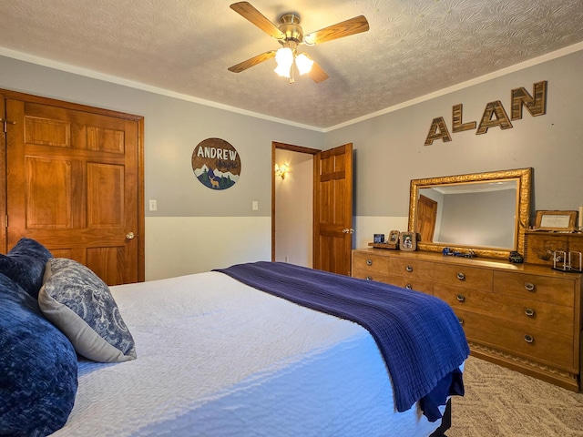 1445 Bastin Creek Rd, Kings Mountain, KY 40442 - bedroom featuring a textured ceiling, ceiling fan, ornamental molding, and carpet floors