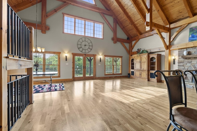 4111 Stanford Rd, Danville, KY 40422 - unfurnished living room featuring a fireplace, high vaulted ceiling, wood finished floors, a wooden ceiling with exposed beams, and healthy amount of natural light