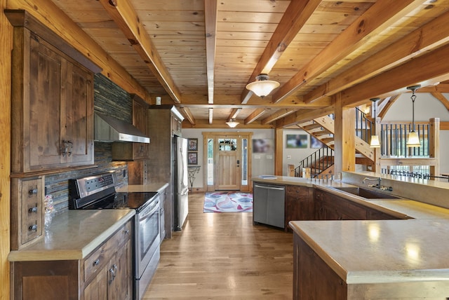 4111 Stanford Rd, Danville, KY 40422 - kitchen with stainless steel appliances, wall chimney exhaust hood, light wood-style flooring, decorative backsplash, and a peninsula