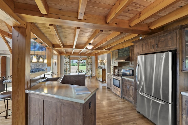 4111 Stanford Rd, Danville, KY 40422 - kitchen featuring stainless steel appliances, wall chimney exhaust hood, light wood-style flooring, a chandelier, and backsplash