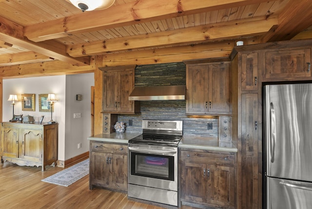 4111 Stanford Rd, Danville, KY 40422 - kitchen featuring appliances with stainless steel finishes, ventilation hood, light wood-style floors, backsplash, and light countertops