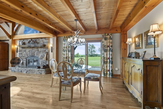 4111 Stanford Rd, Danville, KY 40422 - dining room featuring a chandelier, a wooden ceiling with exposed beams, a stone fireplace, and light wood-style floors