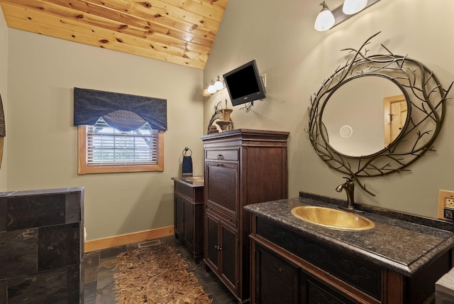4111 Stanford Rd, Danville, KY 40422 - bathroom featuring lofted ceiling, wooden ceiling, stone tile flooring, and vanity