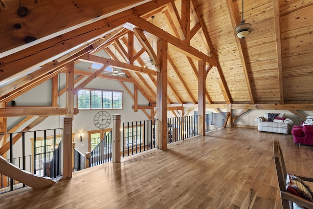 4111 Stanford Rd, Danville, KY 40422 - unfurnished living room with wood finished floors, high vaulted ceiling, and a wood ceiling with exposed beams