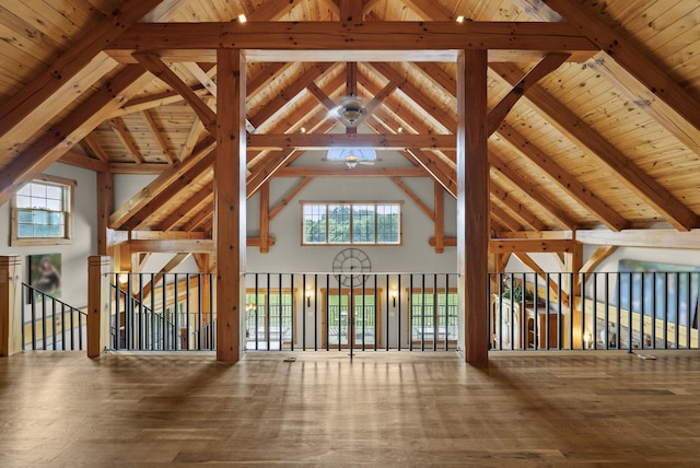 4111 Stanford Rd, Danville, KY 40422 - unfurnished living room with wood-type flooring, high vaulted ceiling, and a wood ceiling with exposed beams
