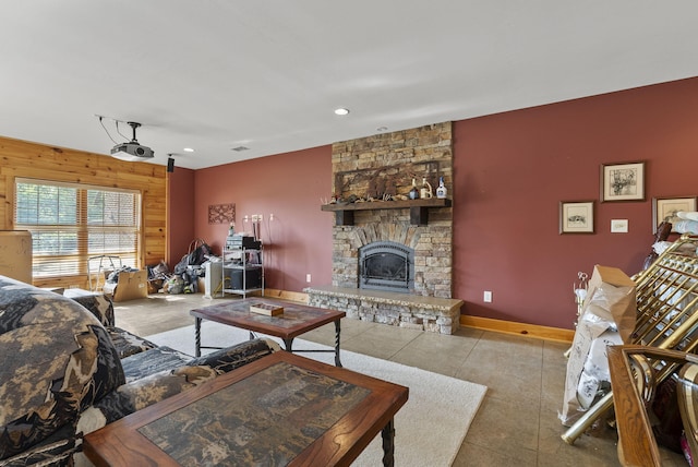 4111 Stanford Rd, Danville, KY 40422 - living area with a stone fireplace, recessed lighting, and wooden walls