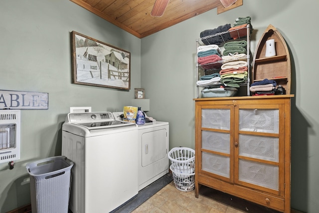 4111 Stanford Rd, Danville, KY 40422 - washroom with washer and clothes dryer, heating unit, wood ceiling, crown molding, and ceiling fan