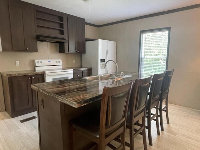 265 Jesse Sears Rd, Somerset, KY 42501 - kitchen with white appliances, under cabinet range hood, open shelves, a kitchen breakfast bar, and ornamental molding
