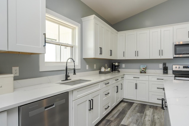 2562 High Bridge Rd, Lancaster, KY 40444 - kitchen with stainless steel appliances, lofted ceiling, white cabinets, dark wood finished floors, and light stone counters