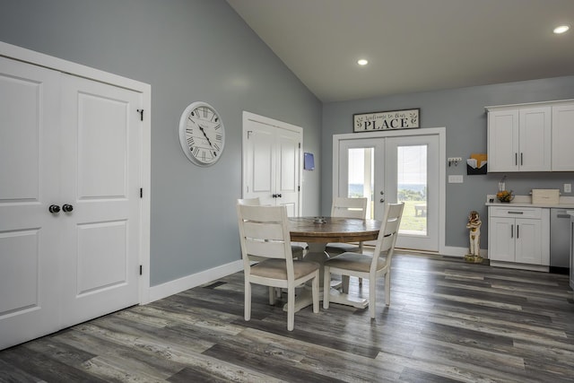 2562 High Bridge Rd, Lancaster, KY 40444 - dining space with french doors, dark wood-style floors, high vaulted ceiling, and recessed lighting