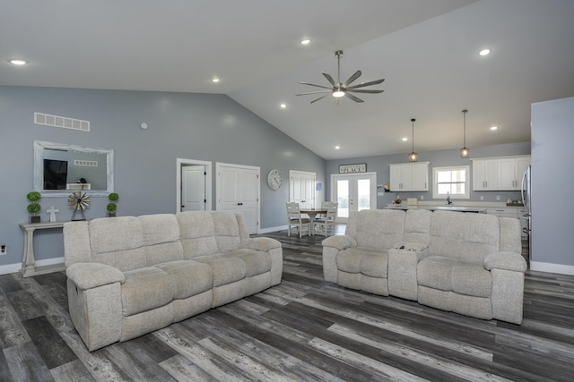 2562 High Bridge Rd, Lancaster, KY 40444 - living room with high vaulted ceiling, a ceiling fan, dark wood-type flooring, recessed lighting, and french doors