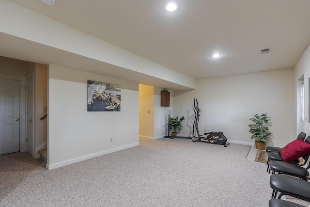 4129 Amberwood Ct, Lexington, KY 40513 - living area featuring light colored carpet, recessed lighting, and stairs