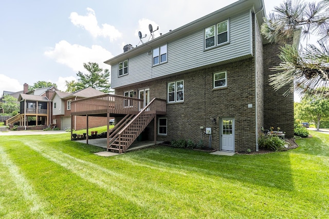 4129 Amberwood Ct, Lexington, KY 40513 - back of property with stairway, a wooden deck, a chimney, and brick siding