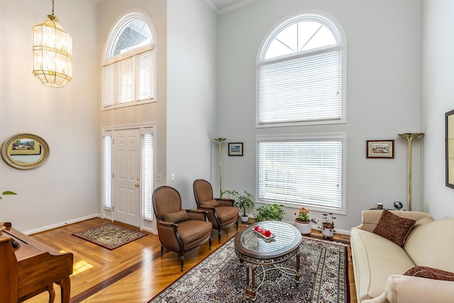 4129 Amberwood Ct, Lexington, KY 40513 - living area with a high ceiling, wood finished floors, healthy amount of natural light, crown molding, and a chandelier