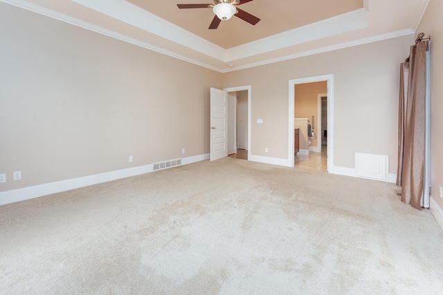 168 Master Ct, Hustonville, KY 40437 - unfurnished bedroom with a raised ceiling, crown molding, light colored carpet, and a ceiling fan