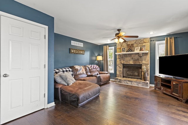 106 Louisa Ln, Georgetown, KY 40324 - living area with a ceiling fan, hardwood / wood-style flooring, and a fireplace