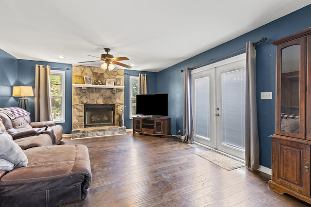 106 Louisa Ln, Georgetown, KY 40324 - living area with a ceiling fan, hardwood / wood-style floors, a stone fireplace, and french doors