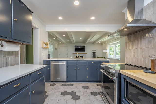 321 Center St, Berea, KY 40403 - kitchen featuring wall chimney range hood, appliances with stainless steel finishes, blue cabinets, light countertops, and ornamental molding