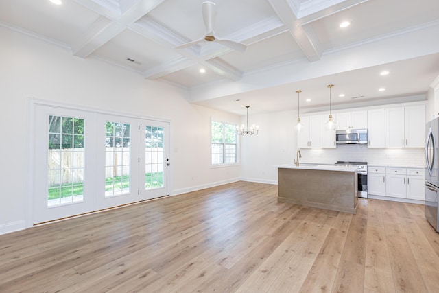 128 Bethany Trce, Lancaster, KY 40444 - kitchen featuring appliances with stainless steel finishes, recessed lighting, a chandelier, light wood-style flooring, and beam ceiling