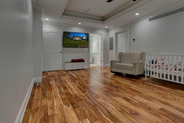 1831 Kiddville Rd, Winchester, KY 40391 - bedroom featuring hardwood / wood-style floors, ornamental molding, a raised ceiling, recessed lighting, and electric panel