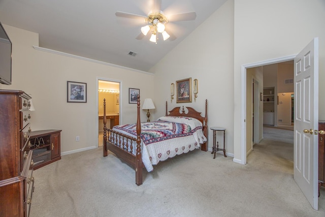 3965 Wyndham Rdg, Lexington, KY 40514 - bedroom featuring light colored carpet, high vaulted ceiling, ceiling fan, and connected bathroom