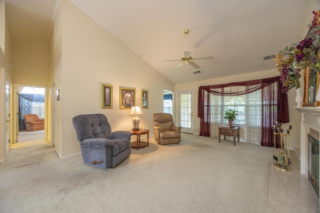 3965 Wyndham Rdg, Lexington, KY 40514 - living area with high vaulted ceiling, carpet flooring, a glass covered fireplace, and a ceiling fan