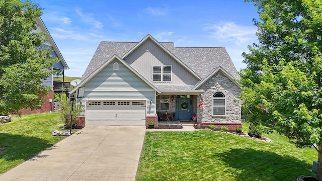 115 Westwoods Dr, Georgetown, KY 40324 - craftsman-style house with concrete driveway, a front yard, a shingled roof, stone siding, and brick siding