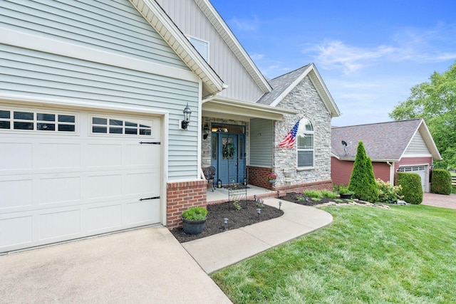 115 Westwoods Dr, Georgetown, KY 40324 - view of front of home with board and batten siding, a front yard, driveway, stone siding, and brick siding