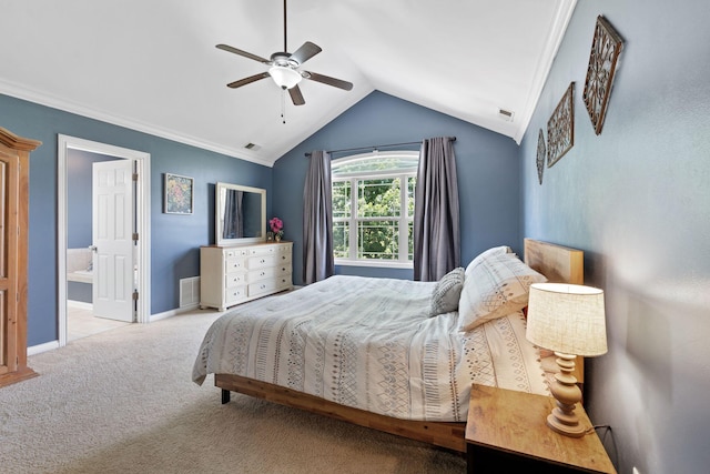115 Westwoods Dr, Georgetown, KY 40324 - carpeted bedroom featuring lofted ceiling, ornamental molding, ensuite bath, and ceiling fan