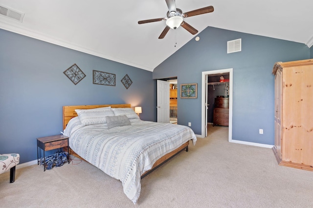 115 Westwoods Dr, Georgetown, KY 40324 - bedroom featuring carpet flooring, a spacious closet, a closet, high vaulted ceiling, and a ceiling fan