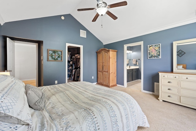 115 Westwoods Dr, Georgetown, KY 40324 - bedroom featuring a spacious closet, a closet, light colored carpet, ensuite bath, and ceiling fan