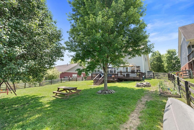 115 Westwoods Dr, Georgetown, KY 40324 - fenced backyard featuring a wooden deck and a vegetable garden
